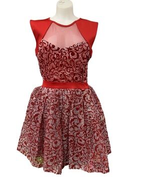 Gygess Red Glitter Swirl Formal Dress with Sheer Yoke Size M
